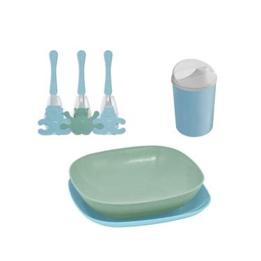 Imagem de Prato Copo e Talher Infantil Protetor Plastico Azul Jogo Kids