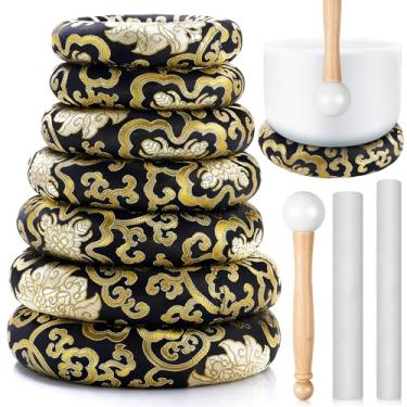 Imagem de Fiada Conjunto de 10 almofadas de tigela cantante, 7 anéis de seda com 3 tigelas de cristal para cantar, inclui martelo de borracha com cabo de madeira sólida e oca para meditação sonora tibetana de