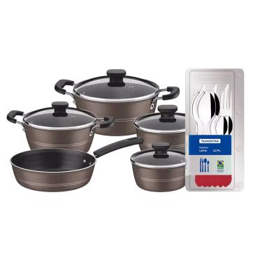 Imagem de Conjunto de Panelas Tramontina Sicilia com Revestimento Starflon Excellent Avelã – 5 Peças + Faqueiro 12 Peças Tramontina Leme - Vermelho