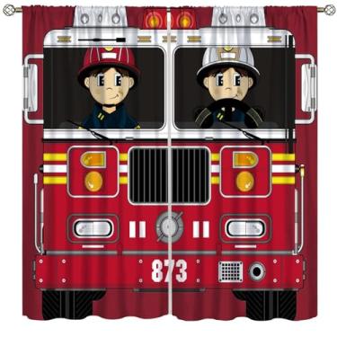 Imagem de Cortina de bombeiro de desenho animado infantil suprimentos de combate a incêndio capacete de bombeiro vermelho caminhão haste bolso cortinas de janela para quarto sala de estar estilo-4 106.7 cm L x