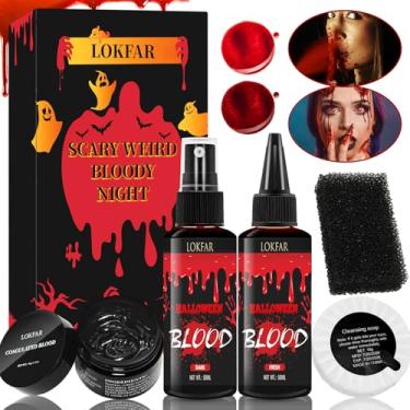 Imagem de LOKFAR Kit De Maquiagem Com 5 Peças Sangue Falso Para Halloween, Spray 50 Ml + Esponja Coagulada 1,41 Oz, Sabonete Limpeza, Lavável Roupas, Rosto, Vampiro, Efeitos Especiais