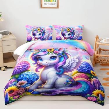 Imagem de AILONEN Conjunto de edredom Queen com desenho animado de unicórnio, arco-íris e cavalo e unicórnio, para crianças, meninas, 1 colcha + 2 fronhas, 3 peças
