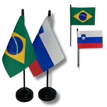 Imagem de Kit Bandeiras de Mesa Brasil e Eslovênia, Base e Haste em Plástico Preto, Tecido Oxford, Uma Face
