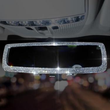 Imagem de Auttoop Espelho retrovisor de carro com strass brilhante com strass de cristal para mulheres, acabamento interior de carro (prata)