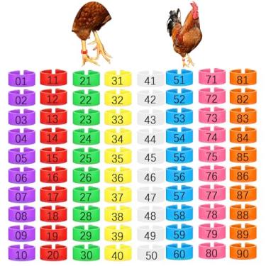 Imagem de 80 pulseiras de perna de frango para galinhas coloridas 01-80 faixas de perna de identificação numerada clipe em anéis de pé de aves de capoeira, etiquetas de tornozelo para patos bantam pombos da