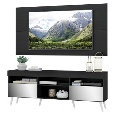 Imagem de Rack Com Painel E Suporte Tv 65" Retrô Com Espelho Londres Multimóveis V3352 Preto/Branco