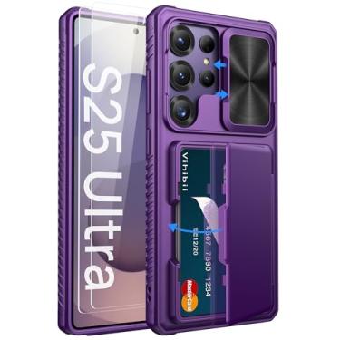 Imagem de Vihibii Capa para Samsung Galaxy S25 Ultra com suporte para cartão (4 cartões), protetor de tela de vidro temperado embutido 2x, capa de lente deslizante, capa carteira robusta e à prova de choque