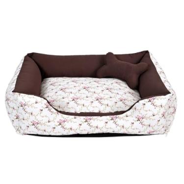 Imagem de Cama Caminha Pet para Cachorro ou Gato Médio 60cm x 47cm Lavável com Fundo Impermeável + Ossinho (Floral Marrom)