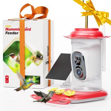 Imagem de LongPlus® Alimentador de beija-flor com câmera para painel solar ao ar livre, câmera inteligente para pássaros com vídeo ao vivo 2K, base de mastro de proteção contra formigas, identificação de