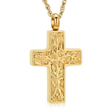 Imagem de shajwo Colar de urna de cremação com cruz árvore da vida para cinzas para mulheres e homens, pingente de cinzas humanas, Aço inoxidável, Sem Pedra Preciosa