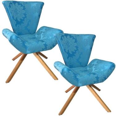 Imagem de Kit Duas Poltronas Elegance Base Giratória Ferro e Madeira Jacquard Az