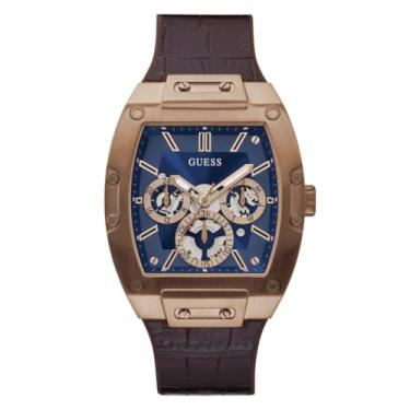 Imagem de GUESS Relógio masculino Trend multifuncional 43 mm – Caixa de aço inoxidável café com mostrador de diamante azul e pulseira de couro de crocodilo marrom, Marrom/azul, Relógio de quartzo
