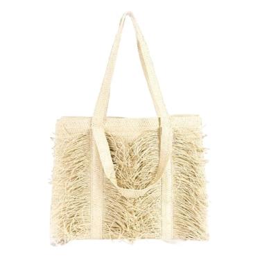 Imagem de GJHFCXSO Bolsas de Palha Femininas Bolsas de Praia com Borlas Bolsas de Ombro de Tecido Bolsas Grandes de Verão Para Viagens e FéRias,Apricot