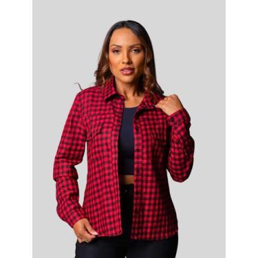 Imagem de Camisa Feminina Sarja Xadrez Vermelho Razon Jeans, P, Vermelho
