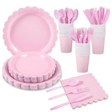 Imagem de Pratos e guardanapos de papel rosa, 25 pratos de aniversário rosa para convidados, incluindo pratos recortados, copo de guardanapo de papel, colher de plástico, garfo e faca para chá de bebê