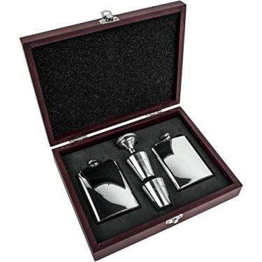 Imagem de 2 frascos de bebida alcoólica de bolso de 68 g + 2 copos de shot + funil (5 peças) em caixa de presente de madeira - Feito de aço inoxidável de grau alimentício 304 (18/8)