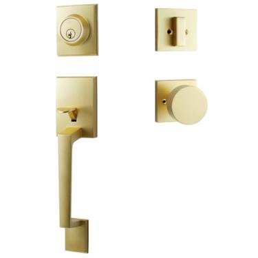 Imagem de dairazan Maçaneta moderna de latão acetinado - Fechadura de porta de entrada com fechadura de cilindro único de 3 chaves, conjunto de maçanetas de porta externa reversível para mão esquerda e direita