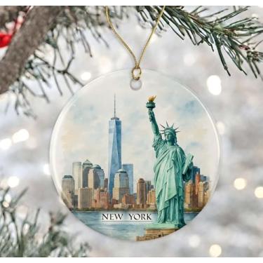 Imagem de Enfeite de aquarela de Nova York - Lembrança de Natal de cerâmica - Aniversário de lua de mel - Lembrança de viagem - Presente de inauguração de casa - Presente para amantes de Nova York impresso em
