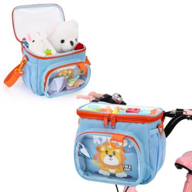 Imagem de ZQVU Cesta de bicicleta infantil, cesta de bicicleta de tecido impermeável, acessórios de cesta frontal para meninos e meninas, serve para scooter e triciclos bolsa de guidão de bicicleta, com alça de