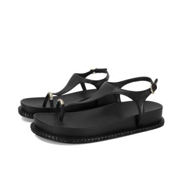 Imagem de SOVANYOU Sandálias de dedo para mulheres, bico redondo, aberto, tira no tornozelo, plataforma, moderna, anel, confortável, elegante para o verão, sapatos planos, Preto, 40