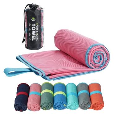 Imagem de 4Monster Toalha de acampamento de microfibra - secagem rápida, super absorvente, toalha de viagem leve para caminhadas, praia, academia, mochilão, ioga - compacta com bolsa de transporte (rosa, GG