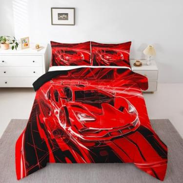 Imagem de jejeloiu Conjunto de edredom de carro de corrida vermelho, tamanho casal, tema de esportes radicais, para meninos, adultos, adolescentes, jogos de velocidade legal, edredom para decoração de quarto