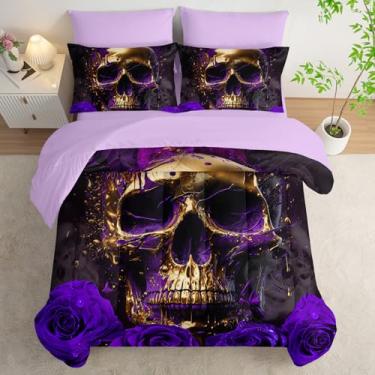Imagem de AILONEN Jogo de cama casal com caveira dourada 3D, flores roxas, esqueleto de osso gótico, boêmio, edredom e lençol de cima, 2 fronhas, 2 fronhas