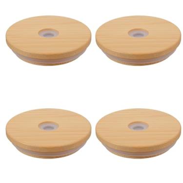 Imagem de Xindojuz 4 peças de tampas de bambu para copos de vidro, tampas de pote de vidro de 70 mm com orifício de canudo para frascos de boca regular, capa de madeira reutilizável, perfeita para 20 copos de