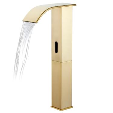 Imagem de CDLODIN Torneira de banheiro sem toque, pia de banheiro com sensor automático, torneira dourada de corpo alto com caixa de controle, torneira de vaidade moderna de aço inoxidável com furo único e