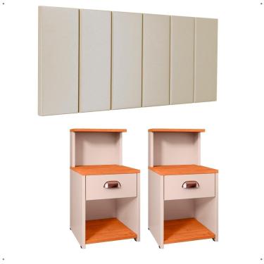 Imagem de Kit 2 Mesinhas Gaveta Prateleira Suspensa Cléo Off/Cinamomo Cabeceira Estofada Júlia Suede Cama Casal Queen 1,60 Areia Quarto - RPM