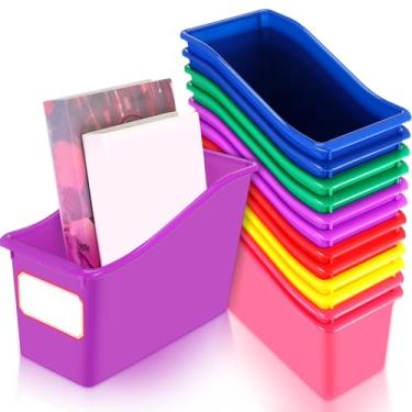 Imagem de Teling 12 peças de caixas de livros para sala de aula, arquivos e porta-pastas com 30 folhas de etiquetas de nome, caixas de armazenamento de livros de plástico colorido para sala de aula em casa, escola, escritório