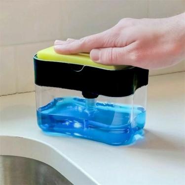Imagem de Dispenser Dosador De Detergente Sabão 2x1 Esponja Limpeza Cozinha Com Dosador Branco