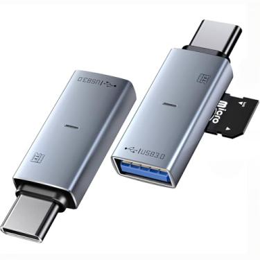 Imagem de Pacote com 2 leitores de cartão USB C TF e adaptador USB 3.0, leitor OTG tipo C com slot duplo para cartões SD/SDXC/SDHC/MMC e Micro TF conversor USB-A compatível com iPhone 16/15, iPad Pro, MacBook