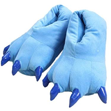 Imagem de YUNZLAN Pantufa unissex de pata de animal para homens, mulheres, meninos, meninas, chinelos domésticos de pelúcia de inverno com sola antiderrapante, cosplay, Azul, Large
