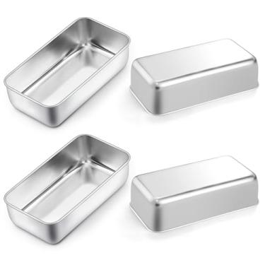 Imagem de Conjunto de 4 formas grandes de aço inoxidável para assar pão, 22 x 12 cm, antiaderente, retangular, pão, lata, bolo de carne, sanduíche, brownies, lasanhas, forno, geladeira, freezer, seguro