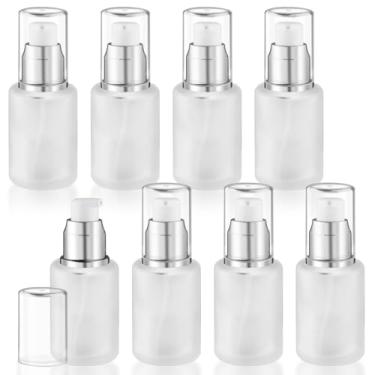 Imagem de 8 frascos de vidro fosco de 30 ml recarregáveis, frascos de loção de viagem com cabeça de bomba de plástico para higiene pessoal, base líquida, creme, amostras cosméticas - prata