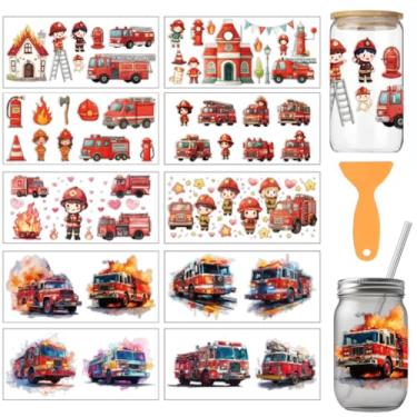 Imagem de arricraft 10 folhas de copos UV DTF de caminhão de bombeiros para copos de 473 g, adesivos de transferência de PVC para copos de madeira DIY 24 x 11 cm/9,4 x 4,3 polegadas