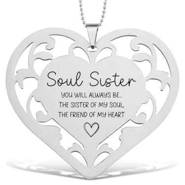 Imagem de Enfeite de coração Soul Sister, decoração suspensa gravada em aço inoxidável, presente para melhor amiga, irmã de coração, lembrança inspiradora para aniversário, formatura, espelho de carro ou
