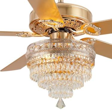 Imagem de Lustre de ventilador de teto de cristal com luzes - Ventiladores externos modernos de 132 cm com controle remoto, motor CA silencioso, iluminação retrô/fazenda, sala de jantar, sala de estar (dourado