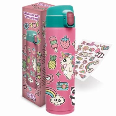 Imagem de Garrafa Infantil Térmica Inox 420ml Adesivos Fofo Divertidos de Unicórnio e Tampa Com Trava Para Escola Viagem Passeio Resistente Segura Menina Menino Presente Crianças
