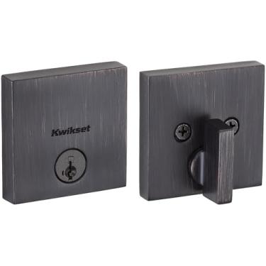 Imagem de Kwikset Fechadura de porta de latão veneziano 92580-006 258 Downtown perfil baixo fino quadrado moderno cilindro único fechadura com segurança SmartKey