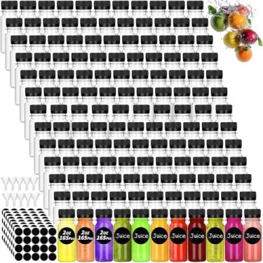 Imagem de UZLU 165 garrafas de suco de plástico pequenas de 59 ml com tampas pretas, mini recipientes transparentes de gengibre com tampas à prova de adulteração, garrafas de viagem reutilizáveis com rótulos de