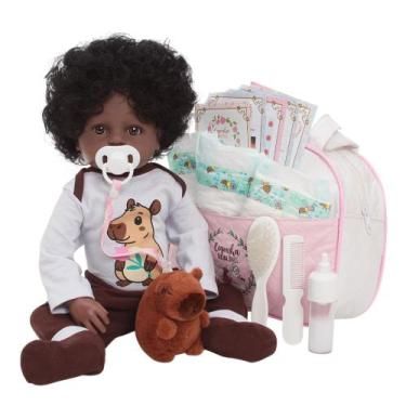 Imagem de Boneca Reborn Negra Roupa Capivara Realista com Pelúcia - Cegonha Rebo