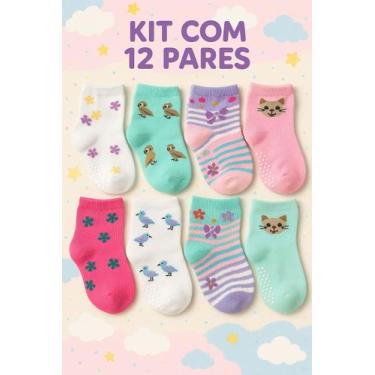 Imagem de Kit 12 pares meias infantil meninas 6 a 8 anos com antiderrapante - Ni