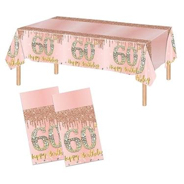 Imagem de Poqirzan 2 peças toalha de mesa rosa ouro rosa 60 anos capa de mesa 60º aniversário suprimentos para festa feliz 60 anos decorações de festa para mulheres toalha de mesa descartável plástico (137 x