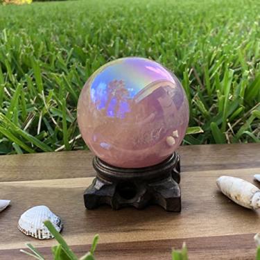 Imagem de Esfera de quartzo rosa Angel Aura. Grande cristal metafísico curativo com base de madeira feita à mão. Decoração de casa cristais meditação Reiki, Wicca