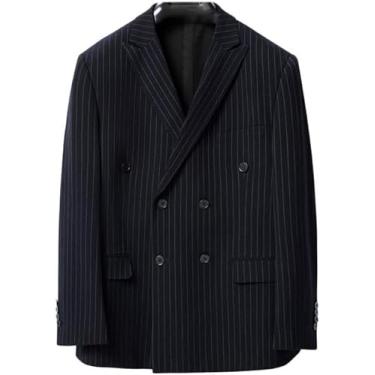 Imagem de Ternos Masculinos, Blazer Smoking De Casamento Listras Solto Trespassado Fendas Laterais Negócios Casual Banquete Anfitrião Jaqueta Formal Gordo Roupas Masculinas, Navyblue, 54