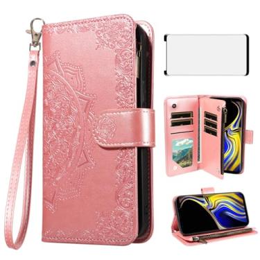 Imagem de Asuwish Capa para celular Samsung Galaxy Note 9 com protetor de tela de vidro temperado e porta-cartão de crédito de flores com suporte Note9 Not S9 feminino masculino ouro rosa