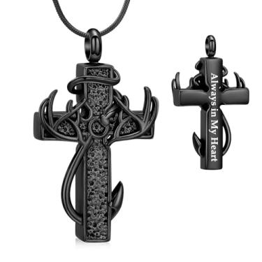 Imagem de shajwo Colar de urna com cruz para cinzas humanas para mulheres, homens, anzol, chifres de peixe, cervo, joia de cremação, pingente de lembrança de cinzas, Aço inoxidável, Sem Pedra Preciosa