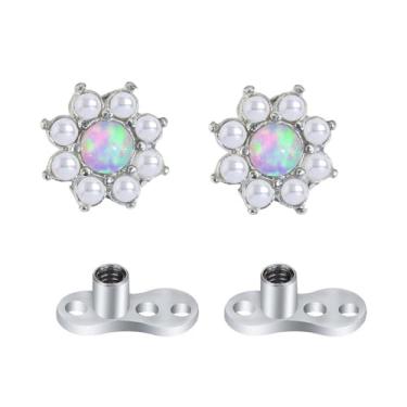 Imagem de 2 peças 14G G23 titânio opala pérola conjunto de âncora dérmica flor hipoalergênico microdérmico tops e base para lábios, bochechas, joias corporais piercing no peito (pérola opala roxa)